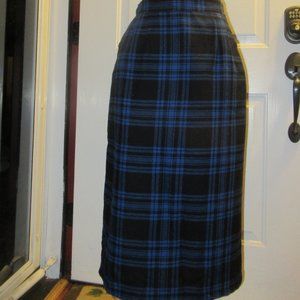 Ilyza New York Vintage Wool Plaid Button Midi Skirt in Black and Blue Size M